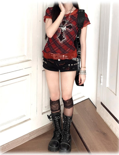 Embellished Glamorous Mesh T-Shirt Cross Y2K Punk Rhinestone Red Plaid Pattern