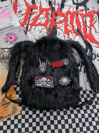 ブラックスケルトンアップリケパンクシャギーバックパック