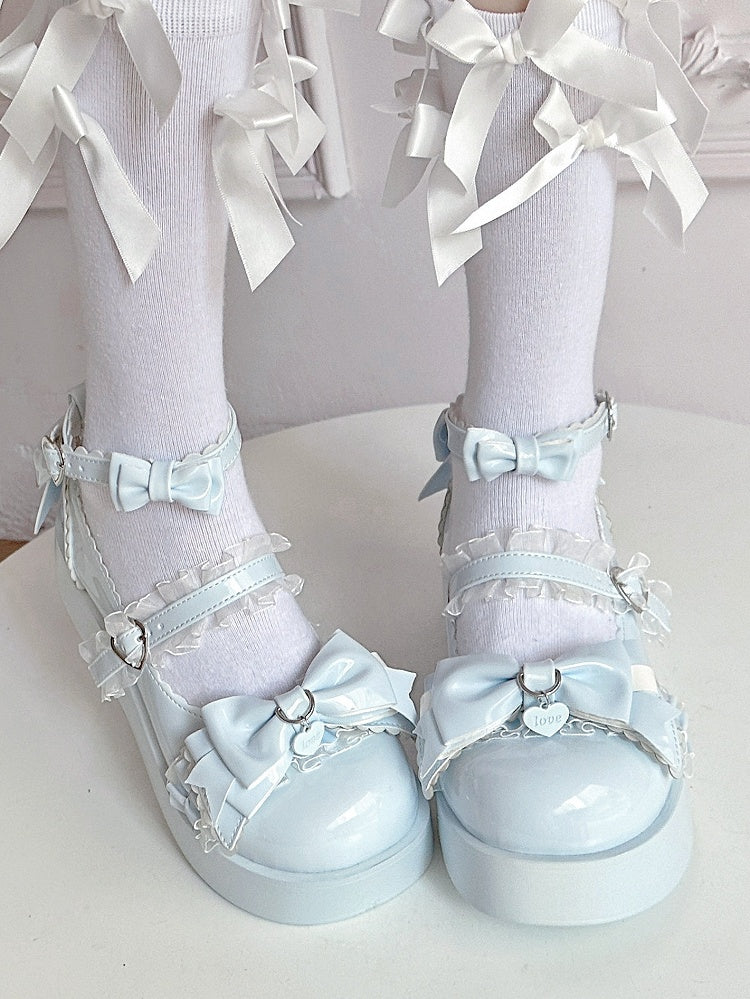 Toe with Sweet Delicate Lolita Round Bow Platforms Blue