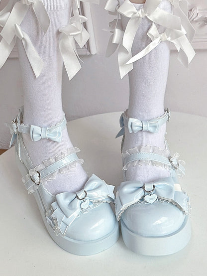 Toe with Sweet Delicate Lolita Round Bow Platforms Blue