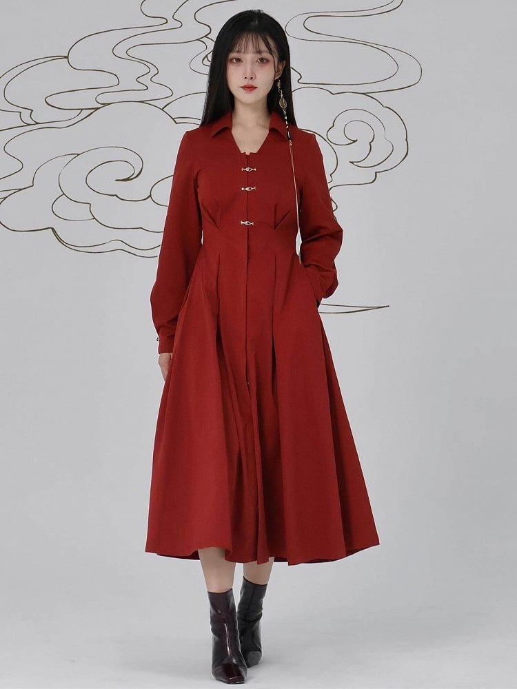 Box Snap Shirt Pleat Details Red Chinese with Closure Style Dress
