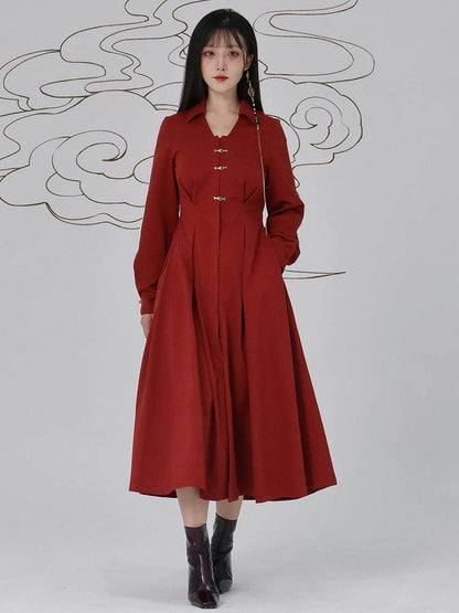 Box Snap Shirt Pleat Details Red Chinese with Closure Style Dress