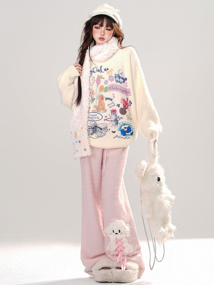 Apricot/Pink Cute Animal Patterns Mohair Loose Sweater