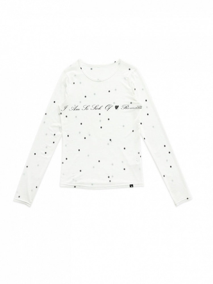 White Sheer Round Neck Long Sleeve T-Shirt with Eight-Pointed Star Print - innomoood