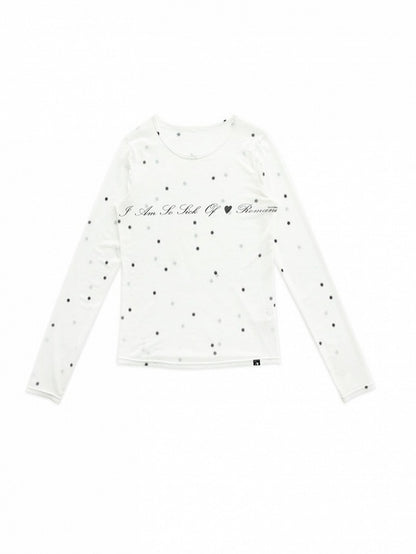 White Sheer Round Neck Long Sleeve T-Shirt with Eight-Pointed Star Print - innomoood