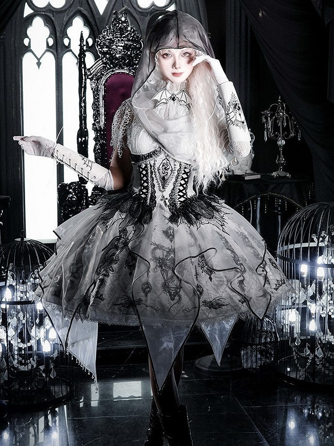 Black & White Bone Dragon Embroidery Halter Neck Gothic Lolita Dress Set - Ying Luo Fu