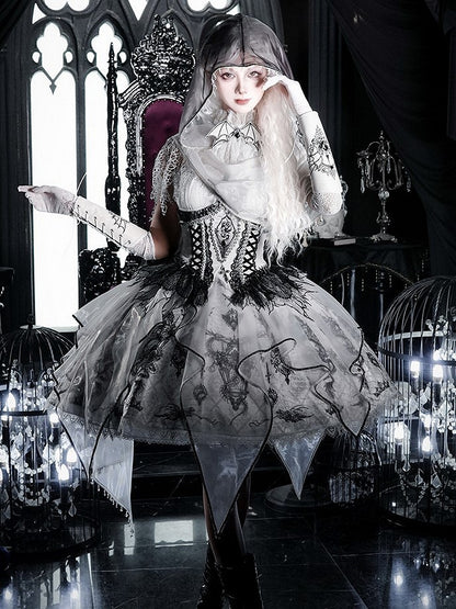 Black & White Bone Dragon Embroidery Halter Neck Gothic Lolita Dress Set - Ying Luo Fu