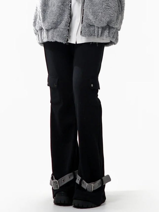 Waist Elastic Drawstring Black Pants Flare - with Silhouette Covered