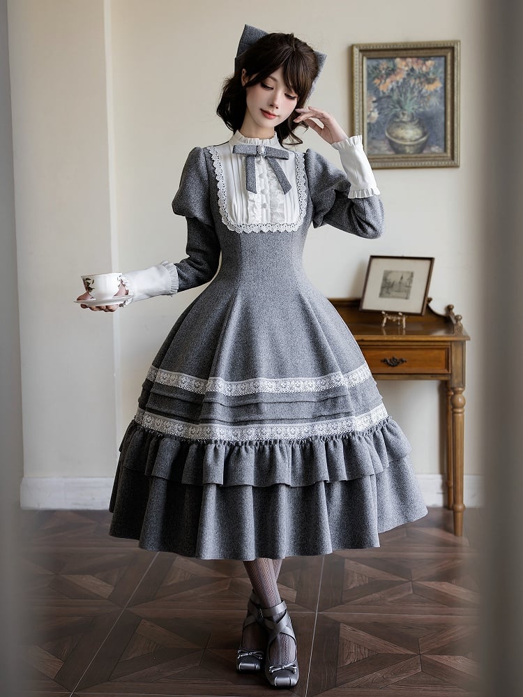 Dress Long Juliette Version Gray Lolita Sleeves with Flounce Details Elegant Ruffle