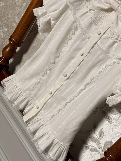 White Blouse Sleeves Puff Short Neckline Ruffle