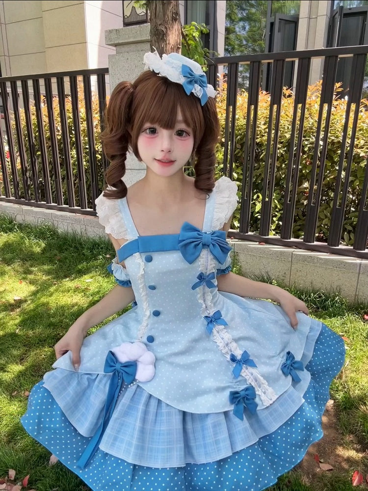 Blue Polka Dot Ruffled Sweet Lolita Jumper Skirt - Sweetheart Dream