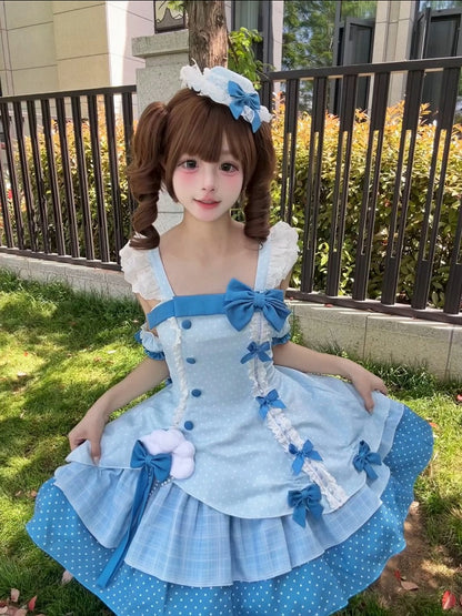 Blue Polka Dot Ruffled Sweet Lolita Jumper Skirt - Sweetheart Dream