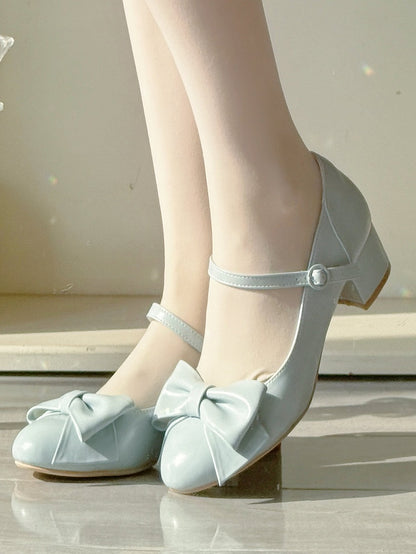 Blue Mid Block Heel Mary Janes in Classic Lolita with Bow at Top & Round Buckle