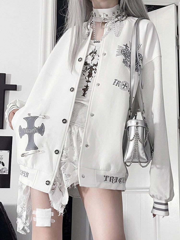 Jacketwith Baseball PrintStriped Gray Cuff Vintage Gothic White Crown+Wing