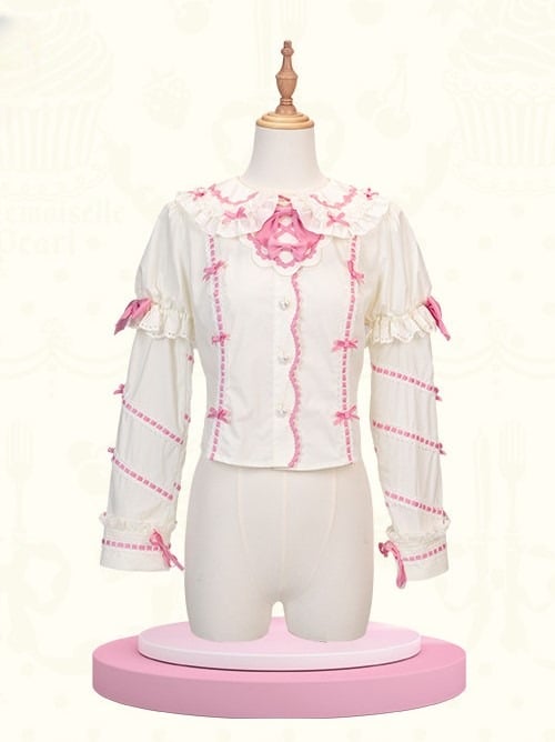 Pan Pink White Peter Lolita Blouse with Collar Bunny and Accents Ears Bow Dark
