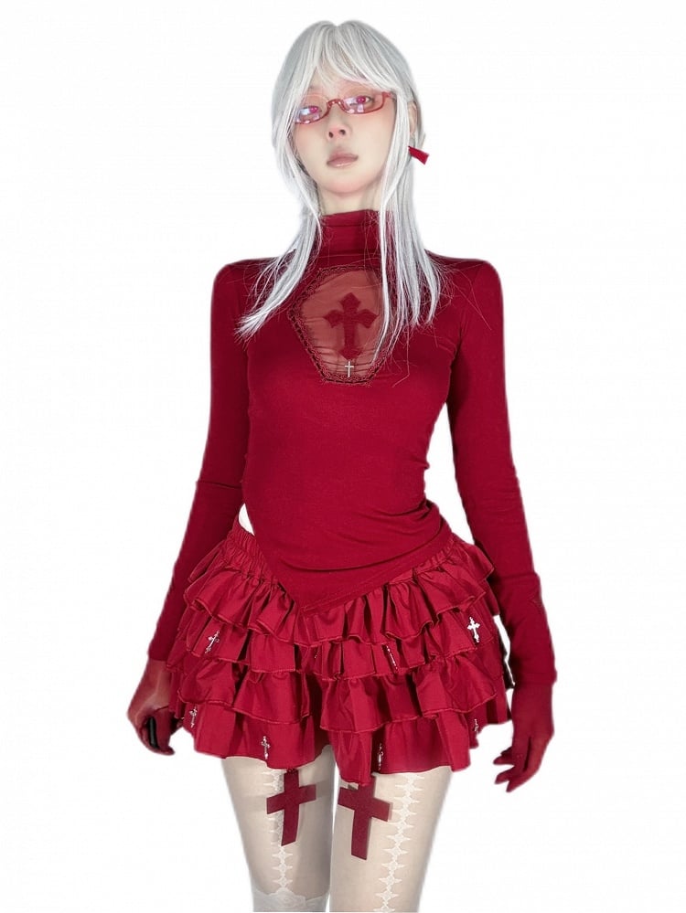 Gothic Red Coffin Cutout Cross Detail Modal High Neck Top Asymmetrical Hem