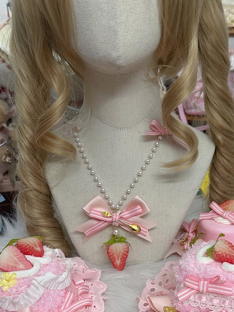 Pink Strawberry Bow Bead Sweet Pendant Necklace Lolita with