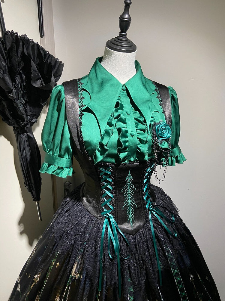 Green Rosette and Skull Print Gothic Lolita Corset Under Bust JSK Dress - Sweetheart Love Song