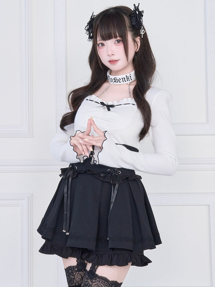 with Jirai Lettuce Black Sleeves Hem White Neck Kei Contrast Choker Top
