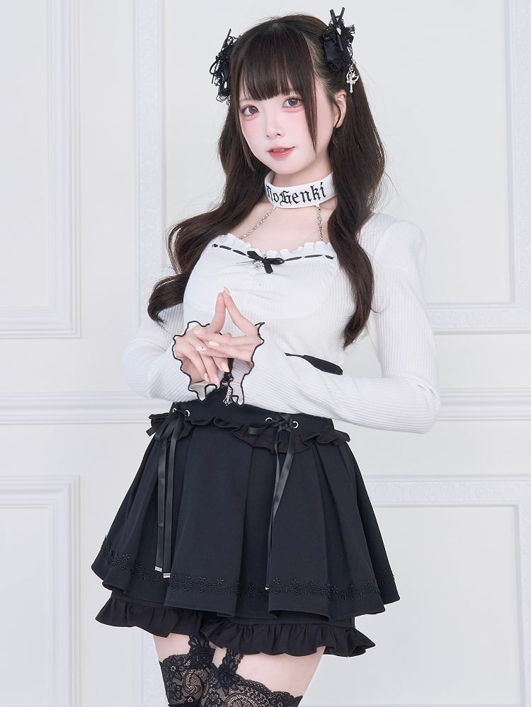 Jirai Shorts Style Kei Waist Lace-Up Skirt Cross High Lining with Decor Black