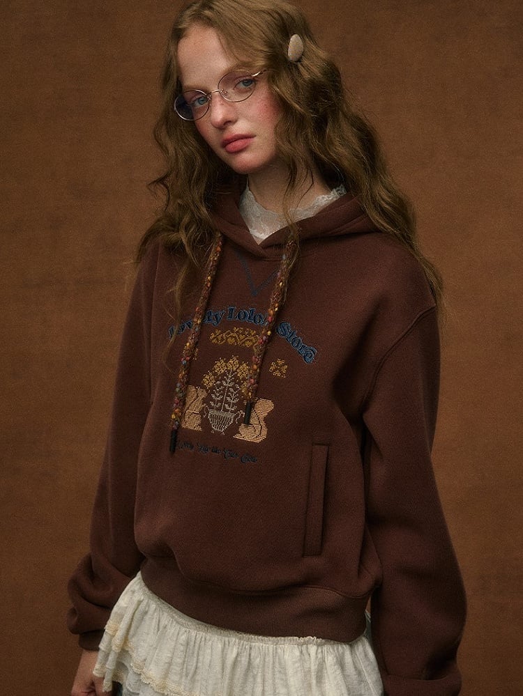 Hoodie Embroidery Vintage Squirrel Preppy with Brown