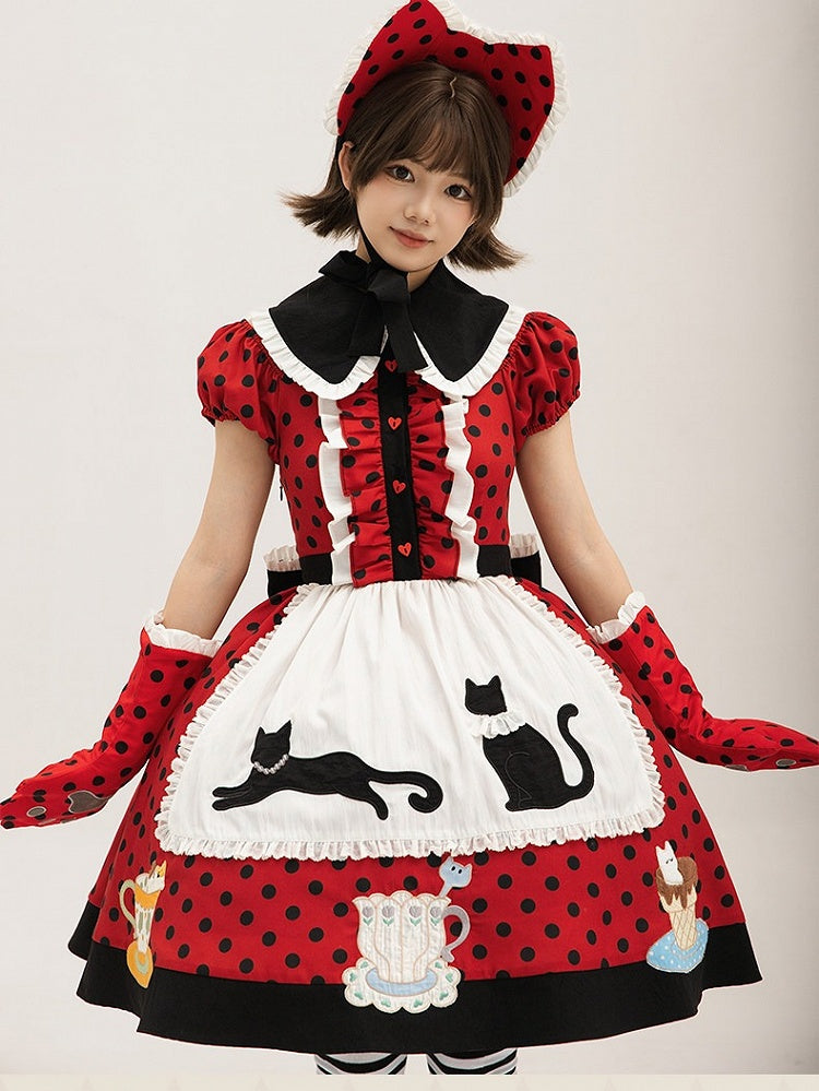 Polka Dot Red & Black Lolita Gown with Apron and Cat Motif - Rock Candy Box
