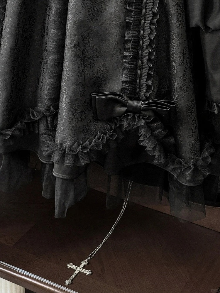 Black Gothic Lolita Pleated Dress with Round Collar, Lace and Metal Accents - Kuroya