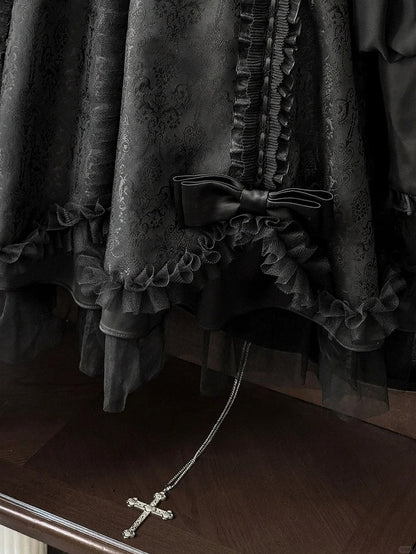 Black Gothic Lolita Pleated Dress with Round Collar, Lace and Metal Accents - Kuroya