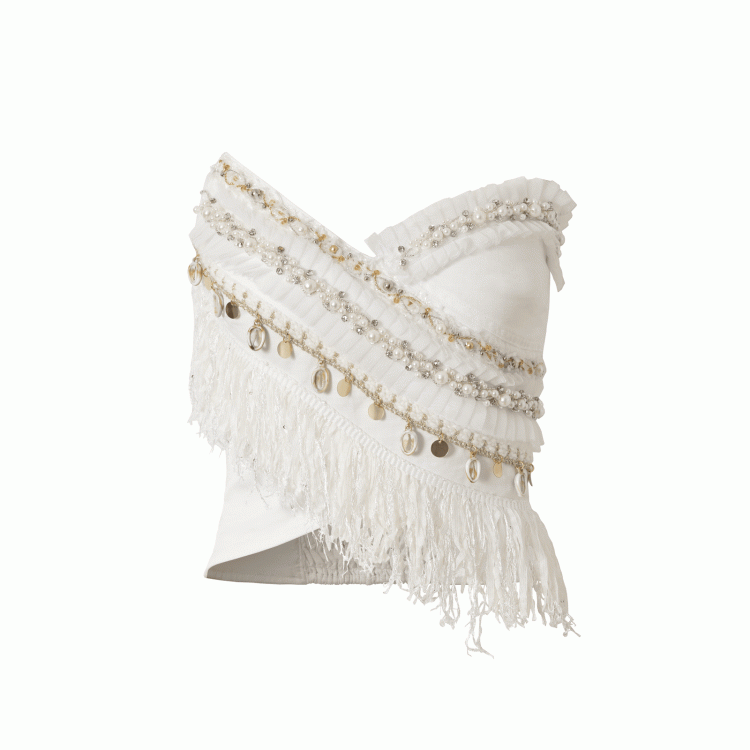Black/White Crossover Design Bead Hem Details Fringe Baroque