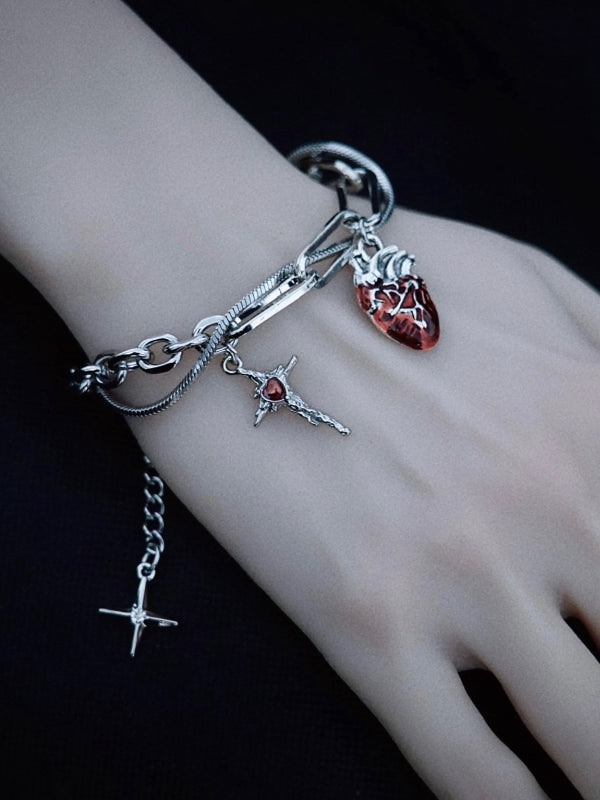 Charm Bracelet Silver Cross and Heart Gothic Handmade