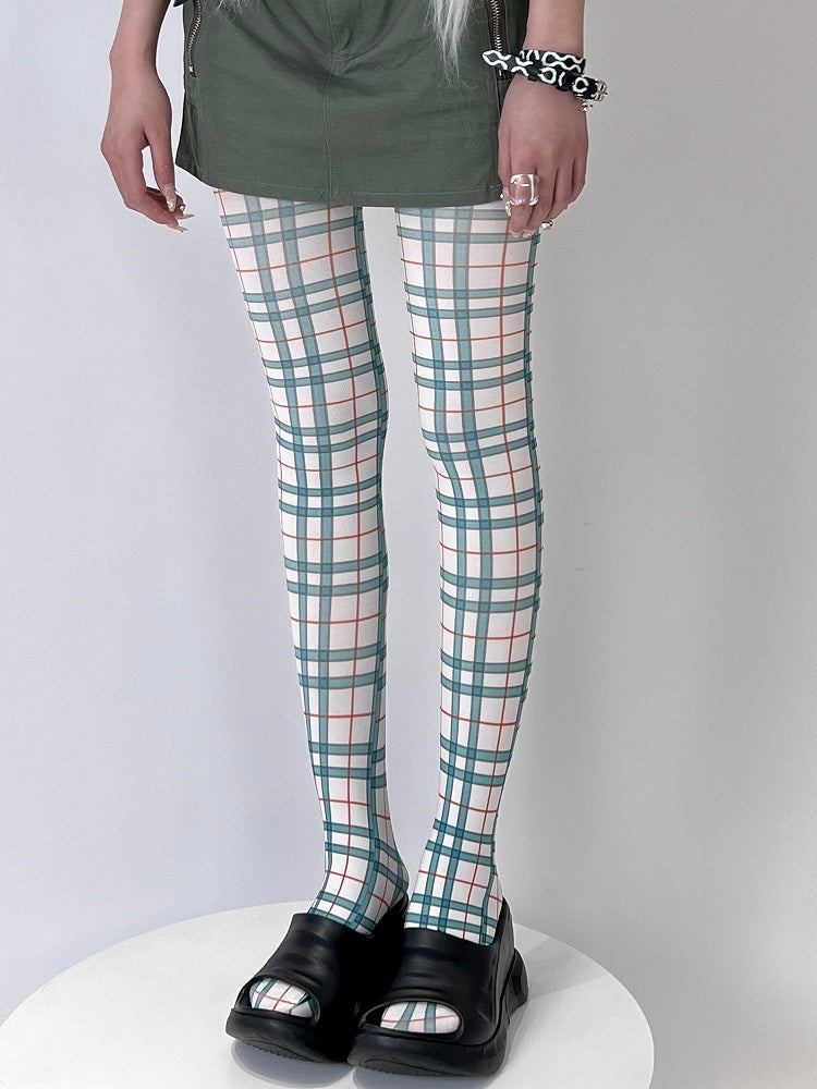 Tights Plaid Y2K WhiteGreen/Purple