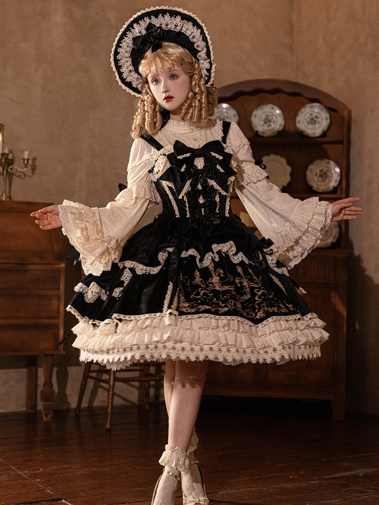 Schwarzes Lolita-Kleid mit Kerzenschleifen und Samt JSK / Dekorationsstickerei