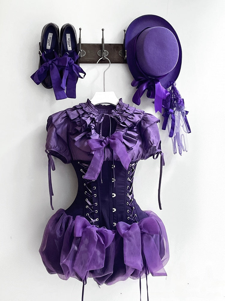 Gothic Lolita Ruffles Waist Purple Neckline with Elastic Layered Smocked Blouse
