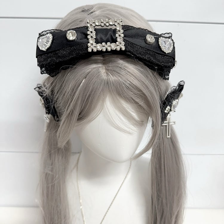 Jirai Kei Lace Bow Headband with Rhinestones