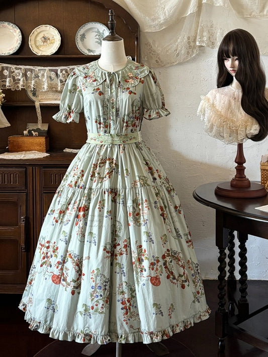 Green Berry-Themed Dress with Waist Belt and Collar Accessory - Zoncel