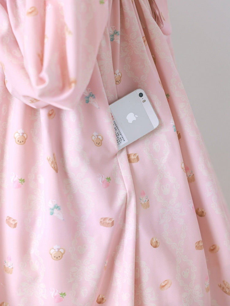 Pink Peter Pan Collar Bear & Cake Print Long-Sleeve OP Dress - Honey Village