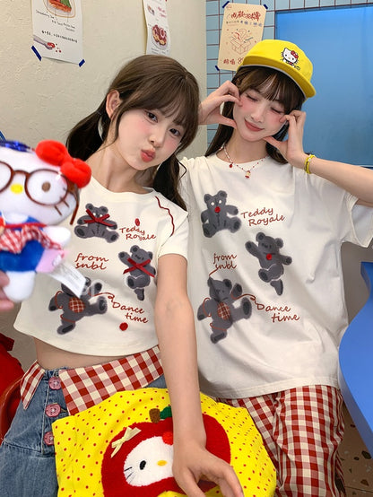 T-Shirt Short/Long White Round Neck Bear Print Version