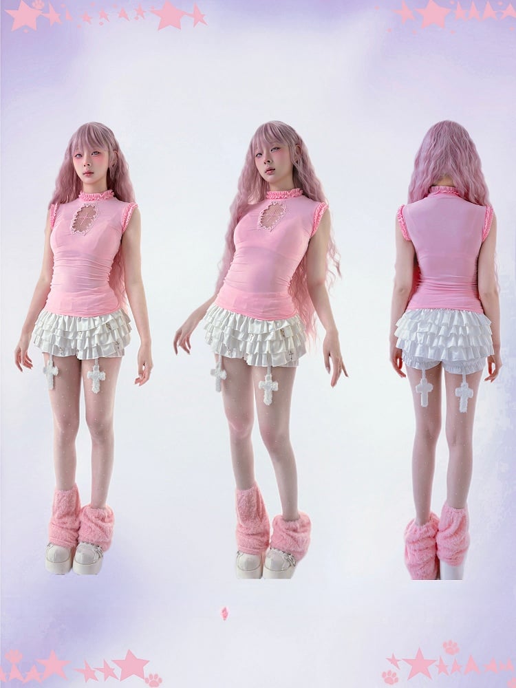 Cross Metal Skort with Cross Charms White Elastic Waist Tiered Embellished Ruffles