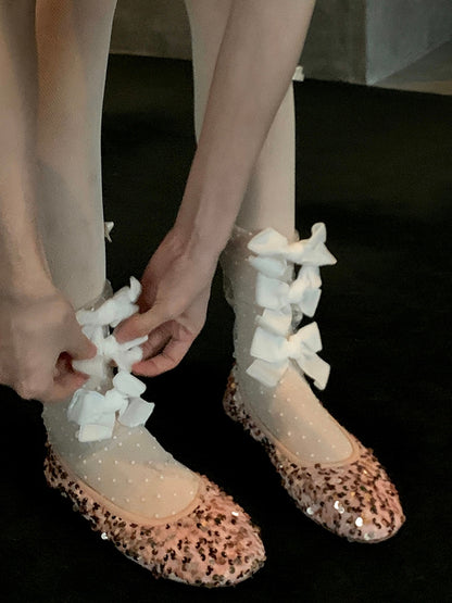 Details Polka-dot Pattern Calf Bowknot White/Black Socks