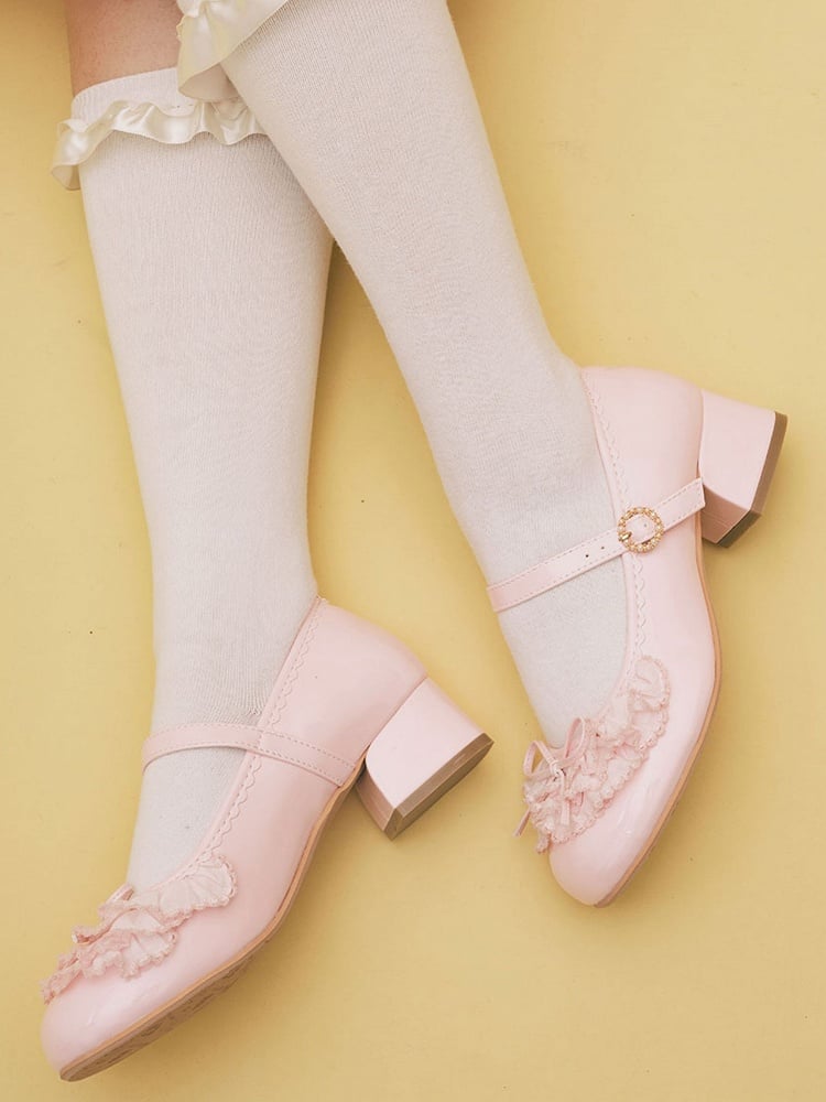 Pink Bowknot Lace Mary Beaded Buckle Round Decorated Janes Layers Multiple