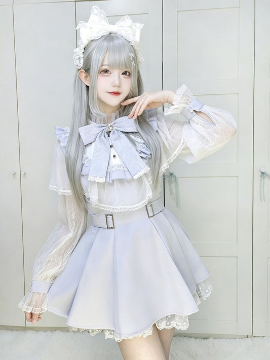 Blue Cape Design Long Sleeve Dress with Lace and Shorts Set - Faded Dolls
