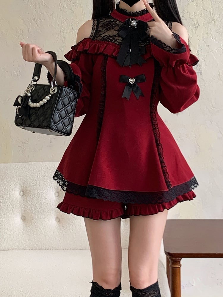 ヘムジライケイ ブラックセット ショートパンツ ミニネックライン カットアウトショルダー イリュージョンスカート ドレス レッド フリル