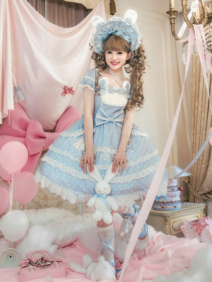 Süßes Lolita-Kleid mit Häschen-Quadrat-Punktmuster und Ohren, blauer Plüsch-Ausschnitt