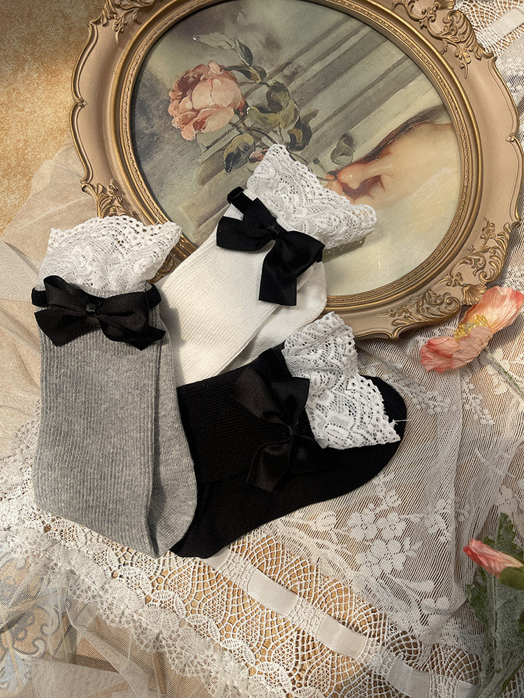 Calf Cuff Black/White/Gray Vertical Decoration Bow Lace with Pattern Striped Socks