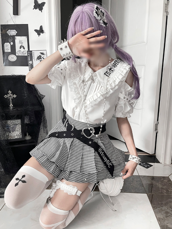 Ruffle Cut-Outs Triangular with White Chest Sleeve Short Gothic Shirt Accents Shoulder Puff