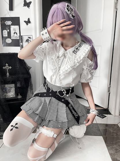 Ruffle Cut-Outs Triangular with White Chest Sleeve Short Gothic Shirt Accents Shoulder Puff