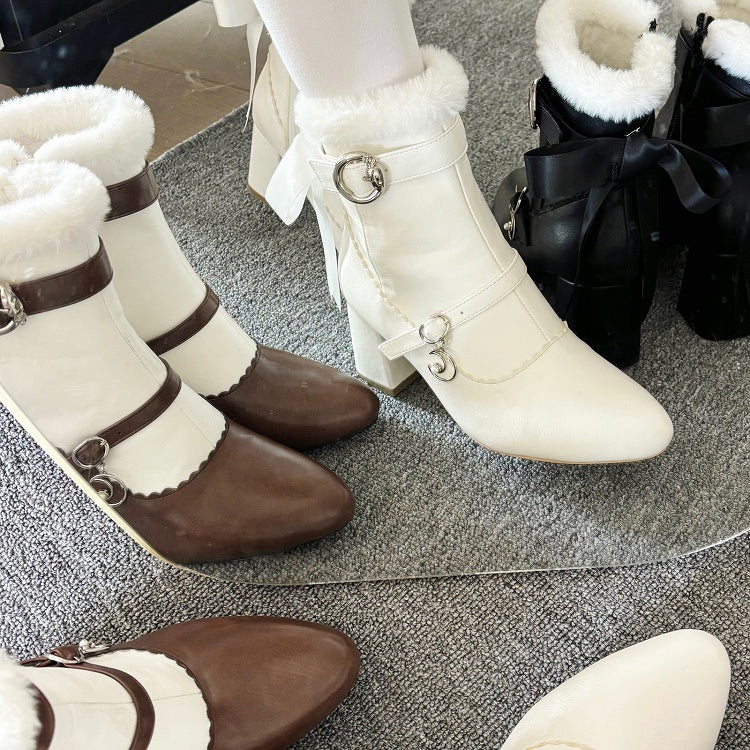 Block Removable Heel - in Bow Elegant PU Boots Interior White Plush High Collar with