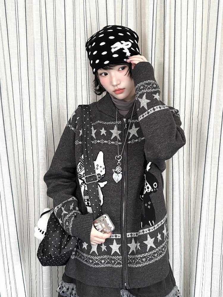 Two-way Cardigan Zip Kawaii Placket Grey with Daily