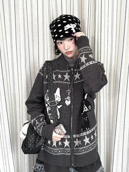 Two-way Cardigan Zip Kawaii Placket Grey with Daily