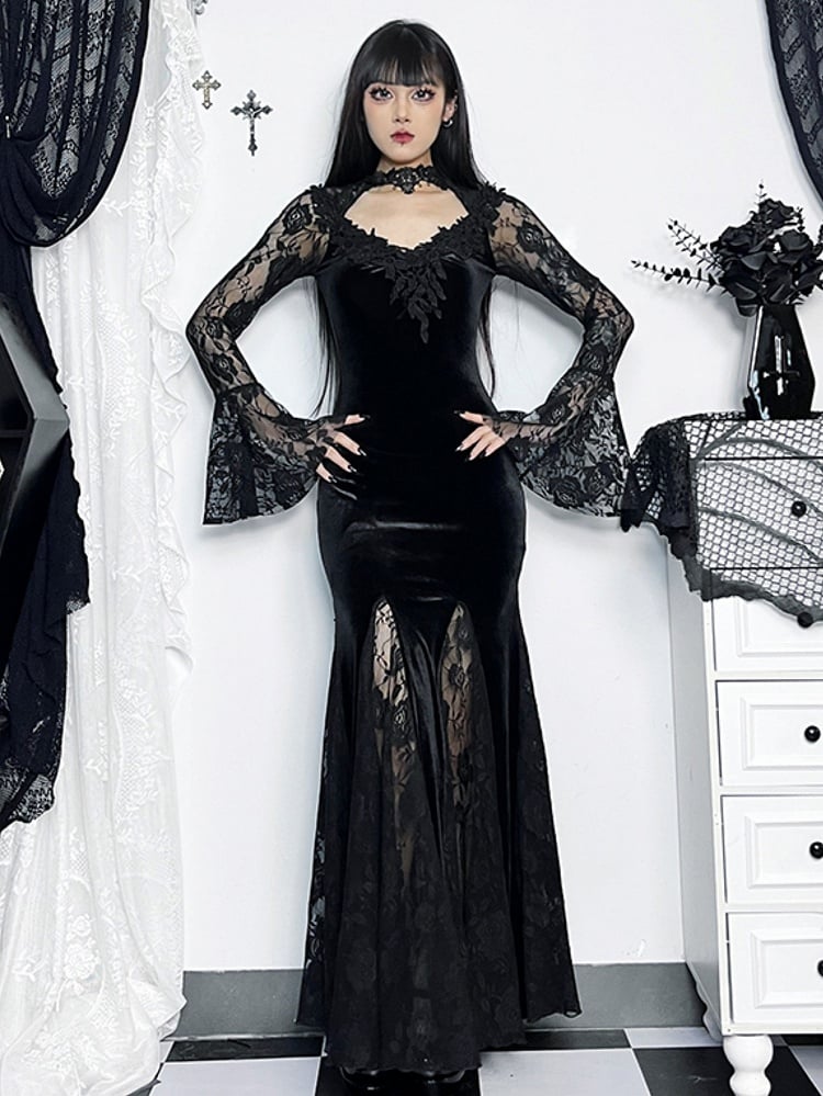 Halloween Gothic with Bell Sleeves Floral Mermaid Black Dress Lace
